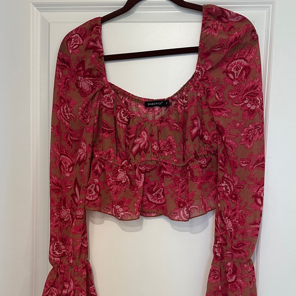 Pink Floral Square-Neck Cropped Blouse